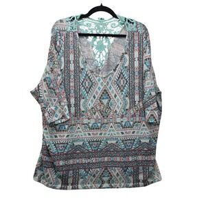 Bongo Plus Womens 2X Southwestern Tribal Print Crochet Lace‎ Back Knit Top Blue